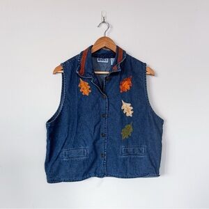 Vintage VTG Y2K Leaves Embroidered Fall Denim Collared Vest Blouse Button Down